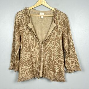 Chico’s linen cotton blend Frankie Fringe animal print Cardigan Sweater, large.